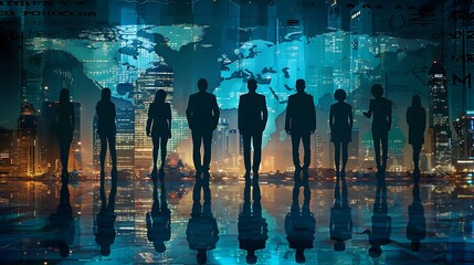 business people standing silhouette on world map background, Global business concept - obrazy, fototapety, plakaty
