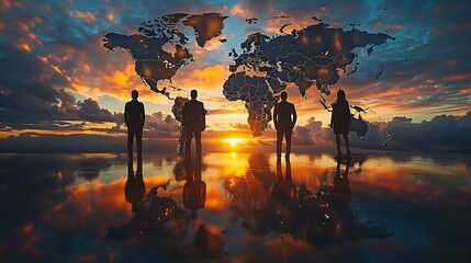business people standing silhouette on world map background, Global business concept
