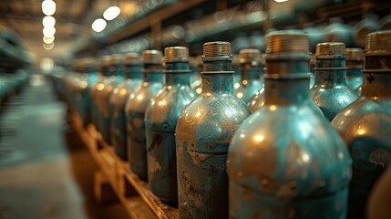 Many of new artillery shells are in military warehouse, metal munition in storage of weapons factory closeup. Concept of war, background, equipment, supply, production