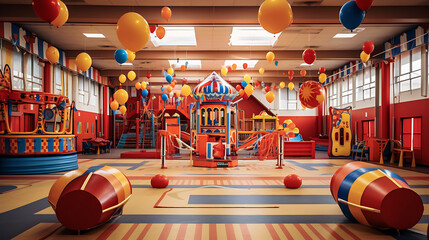 A gym interior with a carnival theme, featuring circus tents, carnival games, and colorful decor.