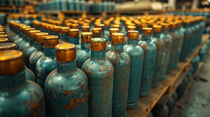 Many of new artillery shells are in military warehouse, metal munition in storage of weapons factory closeup. Concept of war, background, equipment, supply, production