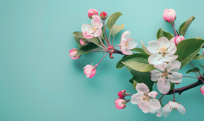 cherry blossom flowers and green leaves on a teal background with a light blue backgrould...