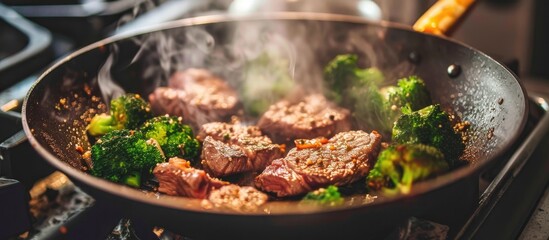 A wok filled with sizzling steak and fresh broccoli cooking on a stove. The meat is being seared to perfection while the broccoli is slowly steaming, creating a delicious aroma in the kitchen. - obrazy, fototapety, plakaty