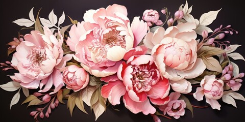 Pink Peony Flowers on Black Background Generative AI