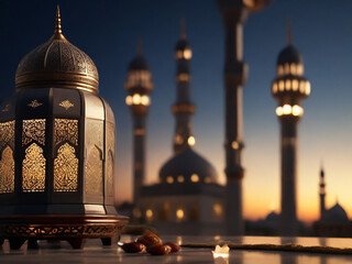 mosque at night. illustrations of mosques and lanterns produced for the holy festival. Islamic lantern lamp with blurred mosque in the background for Eid ul fitr , Eid ul adha and Ramadan Mubarak.  - obrazy, fototapety, plakaty