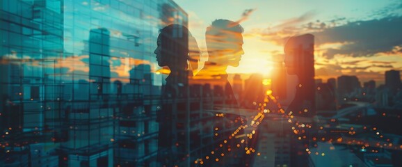 Dynamic double exposure of a businessman gazing towards a sunset in the city, symbolizing ambition and future goals.