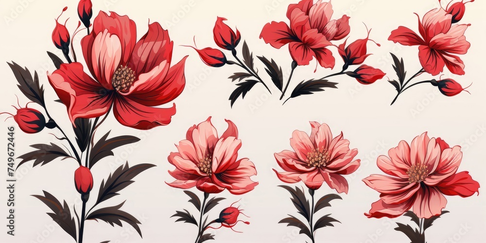 Poster cluster of red flowers on white background generative ai