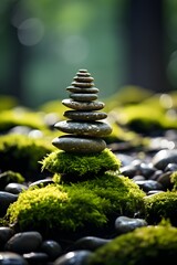 A stack of Zen rocks situated on top of a vibrant green ground covered in moss in peaceful forest, creating a harmonious natural composition