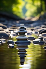 A stack of Zen rocks stacked in the middle of water in forest, showcasing harmony, resilience, mindfulness, bright light