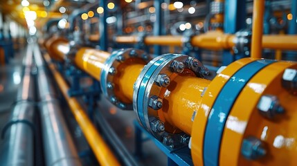 Fototapeta premium Pipeline and pipe rack of an oil, chemical, hydrogen or ammonia industrial plant. Distribution of liquid along the main pipeline. Close-up