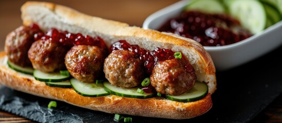 A sandwich filled with meatballs placed between two slices of bread, garnished with sliced cucumbers and drizzled with ketchup.