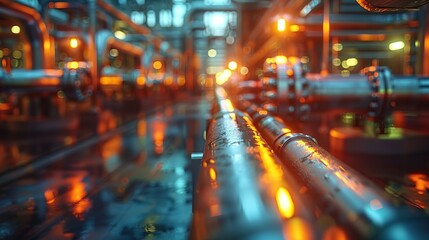 Pipeline and pipe rack of an oil, chemical, hydrogen or ammonia industrial plant. Distribution of liquid along the main pipeline. Close-up - obrazy, fototapety, plakaty