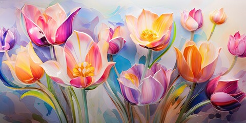 Painting of a Bunch of Tulip Flowers on a Wall Generative AI