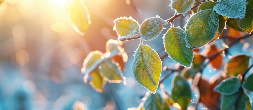 A detailed view of a leafy plant covered in frost, set against the backdrop of the sun shining in the background. The image captures the transition from autumn to early winter, showcasing the impact