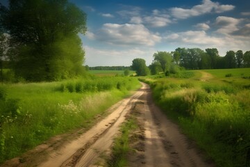 Fototapeta na wymiar scenic dirt road running through a lush green field with blue sky above