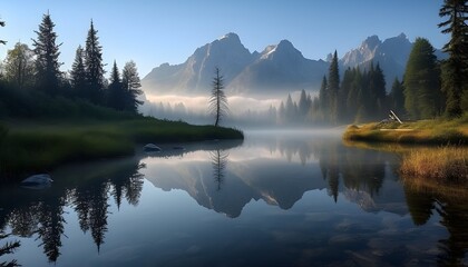 Fototapeta na wymiar serene lake reflecting the majestic mountain range in the background