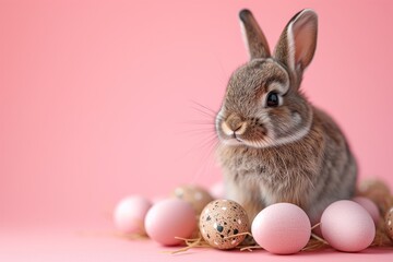 Cute Easter bunny posing in the studio, on a pink background, with painted Easter eggs nearby. Place for text. Happy Easter concept