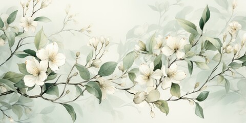 White Flowers and Green Leaves Painting Generative AI