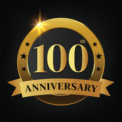 100th golden anniversary logo,with Laurel Wreath and gold ribbon Vector Illustration