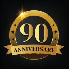 90th golden anniversary logo,with Laurel Wreath and gold ribbon Vector Illustration