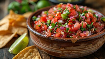 Red tomato spicy salsa with chips served with corn tortilla chips