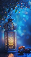 The background to celebrate Eid al-Fitr includes Arabic lanterns and dates fruits