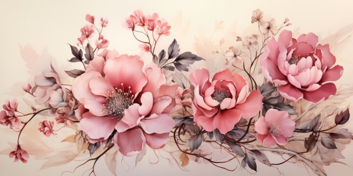Pink Flowers Painting on White Background Generative AI