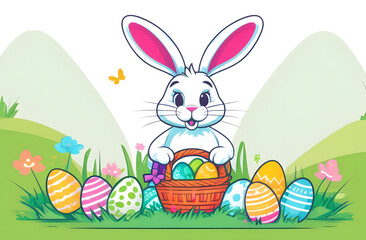 An illustration of a cute Easter bunny sitting on the grass with a basket full of colorful Easter eggs. 