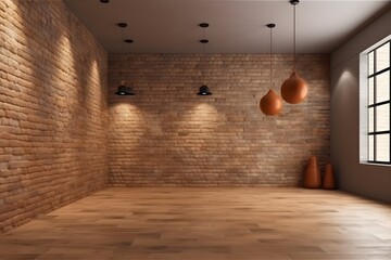 Photo realistic generic empty interior design with a light brown stone brick wall is appropriate for use as a virtual backdrop and in video conferences - obrazy, fototapety, plakaty