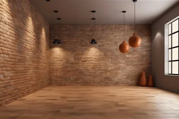 Foto op Plexiglas Photo realistic generic empty interior design with a light brown stone brick wall is appropriate for use as a virtual backdrop and in video conferences © Pablo