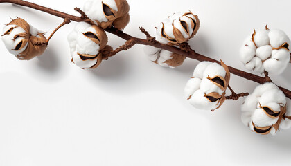 Tree branch with cotton flowers on white background, Cotton flowers isolated on white background, top view flat lay beauty floral concept copy space