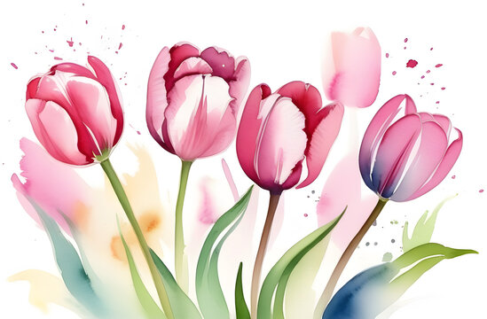 Watercolor picture of tulips, International Women's Day. Flower day. Spring flowers. 