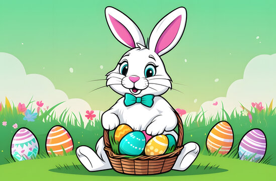 An illustration of a cute Easter bunny sitting on the grass with a basket full of colorful Easter eggs. 