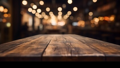 Dark wooden table with no one at it in front of restaurant background with an abstract bokeh effect. might be employed to montage or display your merchandise - obrazy, fototapety, plakaty