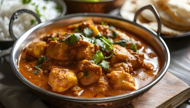 Chicken pathia curry with rice and Bombay aloo