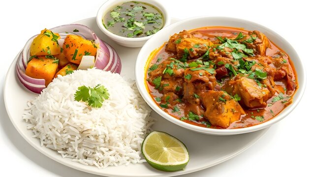Chicken pathia curry with rice and Bombay aloo