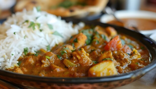 Chicken pathia curry with rice and Bombay aloo