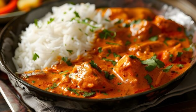 Chicken pathia curry with rice and Bombay aloo