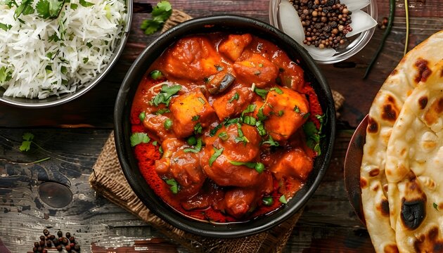 Chicken pathia curry with rice and Bombay aloo