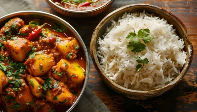 Chicken pathia curry with rice and Bombay aloo