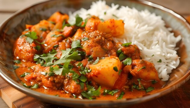 Chicken pathia curry with rice and Bombay aloo