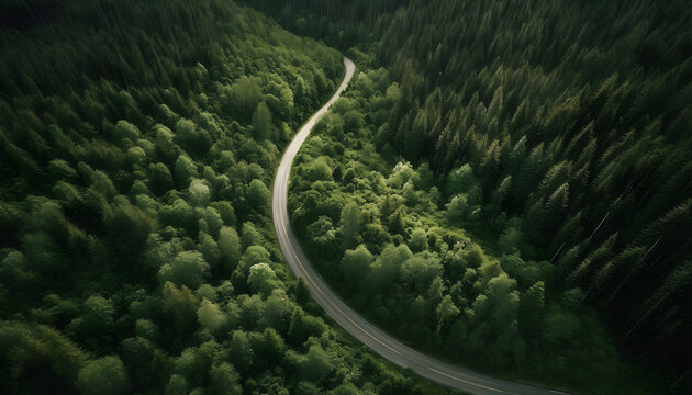 winding road through a lush forest from an aerial perspective