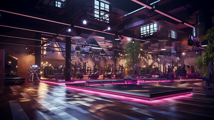 A gym interior with a music festival atmosphere, featuring stage-inspired workout areas and live DJ...