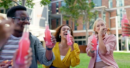 Group, students and toast at picnic, university and excited with fresh start for development in education. Gen Z people, friends and celebration with diversity, drink or soda with cheers at college