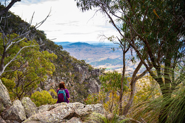 hiker girl admiring the panorama of mountains on the way to the top of mount maroon, mount barney national park, queensland, australia