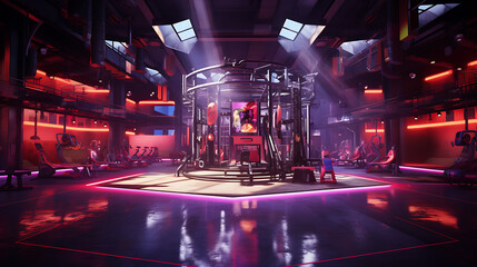 A gym interior with a music festival atmosphere, featuring stage-inspired workout areas and live DJ...