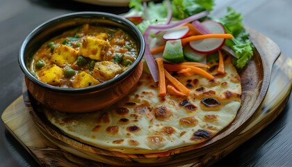 Indian main course- matar paneer curry with roti.Simple lunch with salad