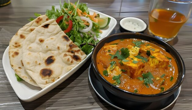 Indian main course- matar paneer curry with roti.Simple lunch with salad