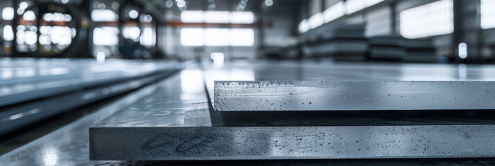 Closeup view of textured stainless steel plates stacked in a factory setting reflecting industrial precision