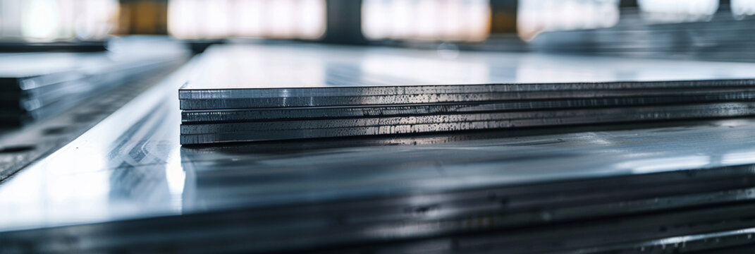Closeup view of textured stainless steel plates stacked in a factory setting reflecting industrial precision